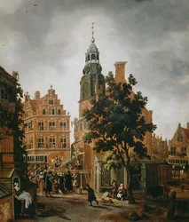 Der Münzturm mit einem Quacksalber, der seine Waren lobt, Amsterdam